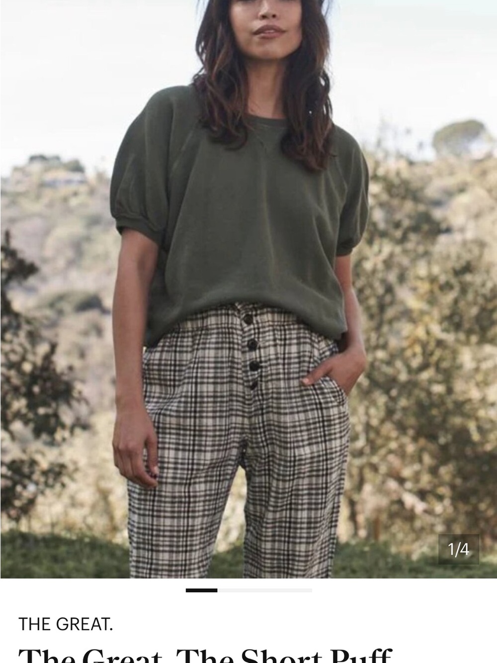 THE GREAT. Olive Green Short Puff Sleeve Top